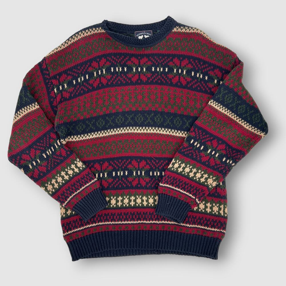 Vintage Woods & Gray Fair Isle Sweater Knit Crewneck Cotton Ramie Size XL